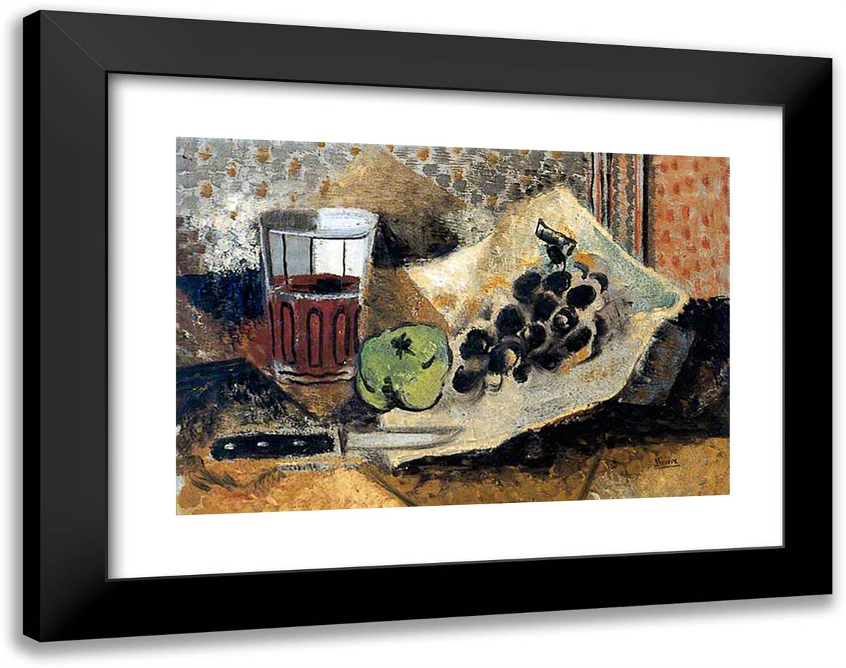 Still Life with Glass and Grapes 24x19 Black Modern Wood Framed Art Print Poster by Bissiere, Roger