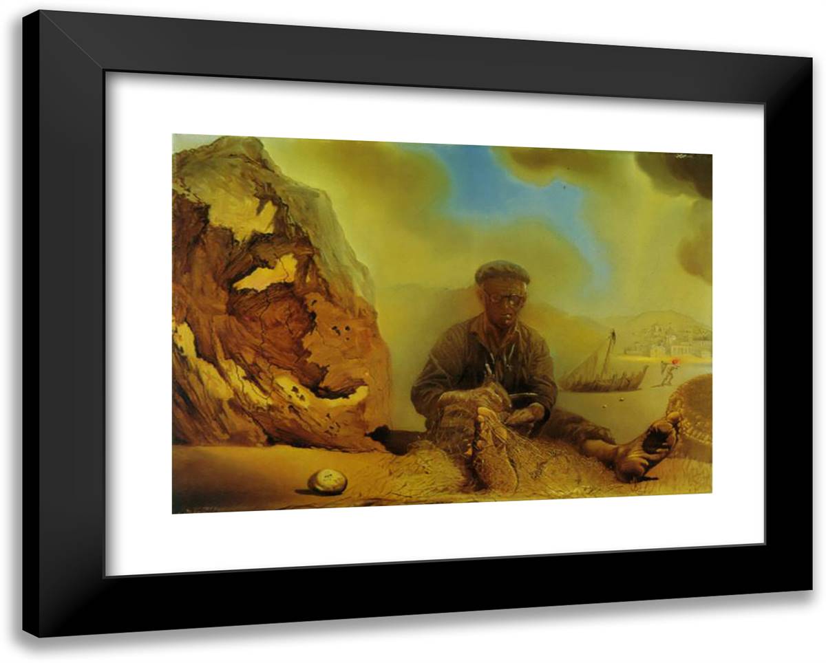 Fisherman of Port Lligat Mending His Net 24x19 Black Modern Wood Framed Art Print Poster by Dali, Salvador