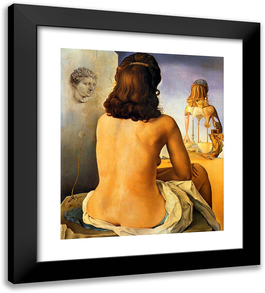 My Wife, Nude, Contemplating Her Own Flesh Becoming Stairs, Three Vertebrae of a Column, Sky and Architecture 20x22 Black Modern Wood Framed Art Print Poster by Dali, Salvador