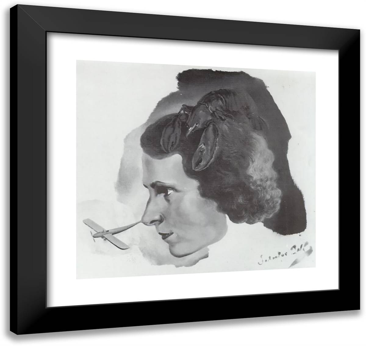 Portrait of Gala with a Lobster (Portrait of Gala with Aeroplane Nose) 21x20 Black Modern Wood Framed Art Print Poster by Dali, Salvador