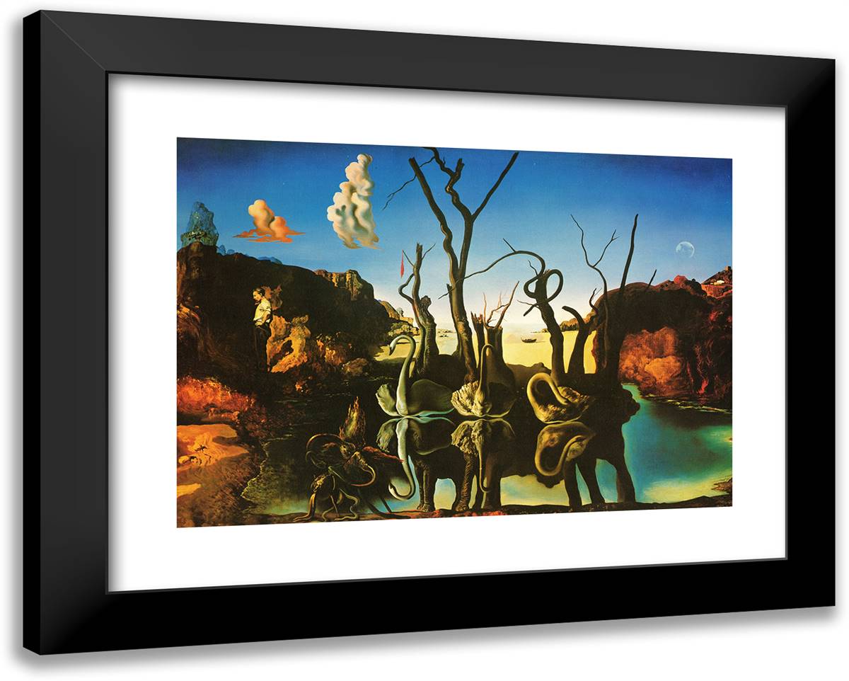 Swans Reflecting Elephants 24x19 Black Modern Wood Framed Art Print Poster by Dali, Salvador