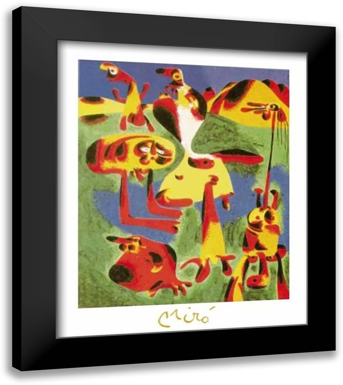 Personnages Et Montagnes 28x35 Black Modern Wood Framed Art Print Poster by Miro, Joan