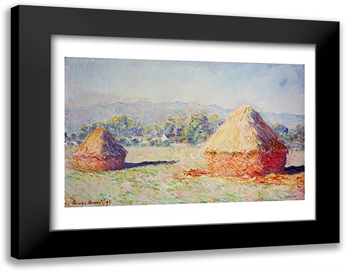 Haystacks in the Sun, Morning Effect, 1891 28x22 Black Modern Wood Framed Art Print Poster by Monet, Claude