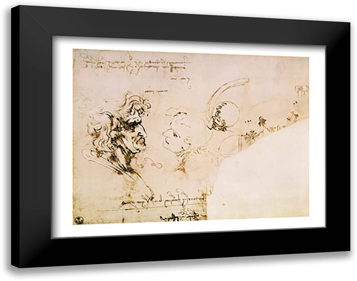 Study of Two Heads in Profile and Studies of Machines 28x22 Black Modern Wood Framed Art Print Poster by da Vinci, Leonardo