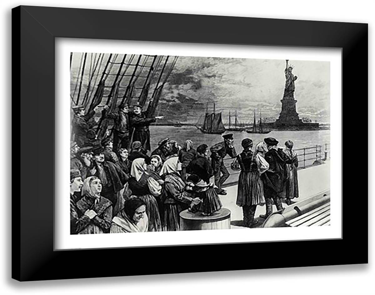 New York - Welcome to the land of freedom - An ocean steamer passing the Statue of Liberty 28x22 Black Modern Wood Framed Art Print Poster