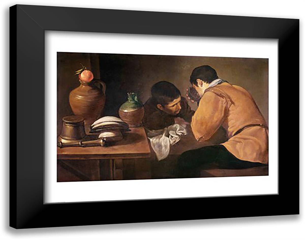 Two Men at Table 28x22 Black Modern Wood Framed Art Print Poster by Velazquez, Diego
