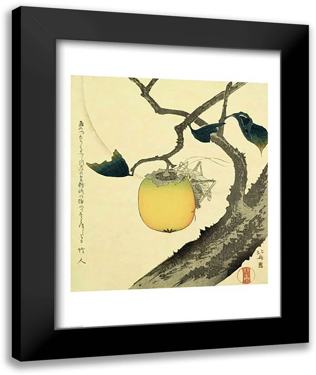 Moon, Persimmon and Grasshopper, 1807 22x28 Black Modern Wood Framed Art Print Poster by Hokusai, Katsushika