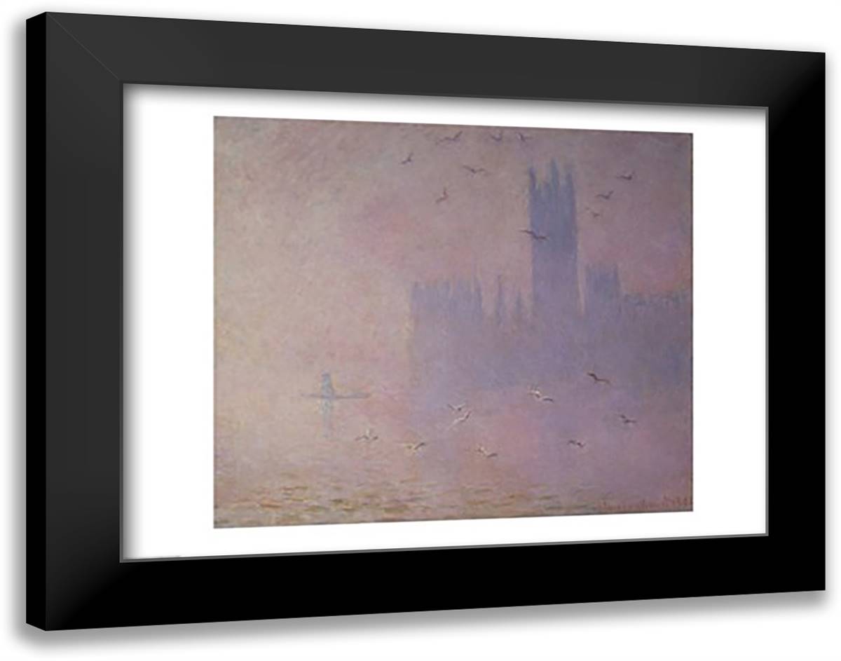 Seagulls over the Houses of Parliament, 1904 28x22 Black Modern Wood Framed Art Print Poster by Monet, Claude