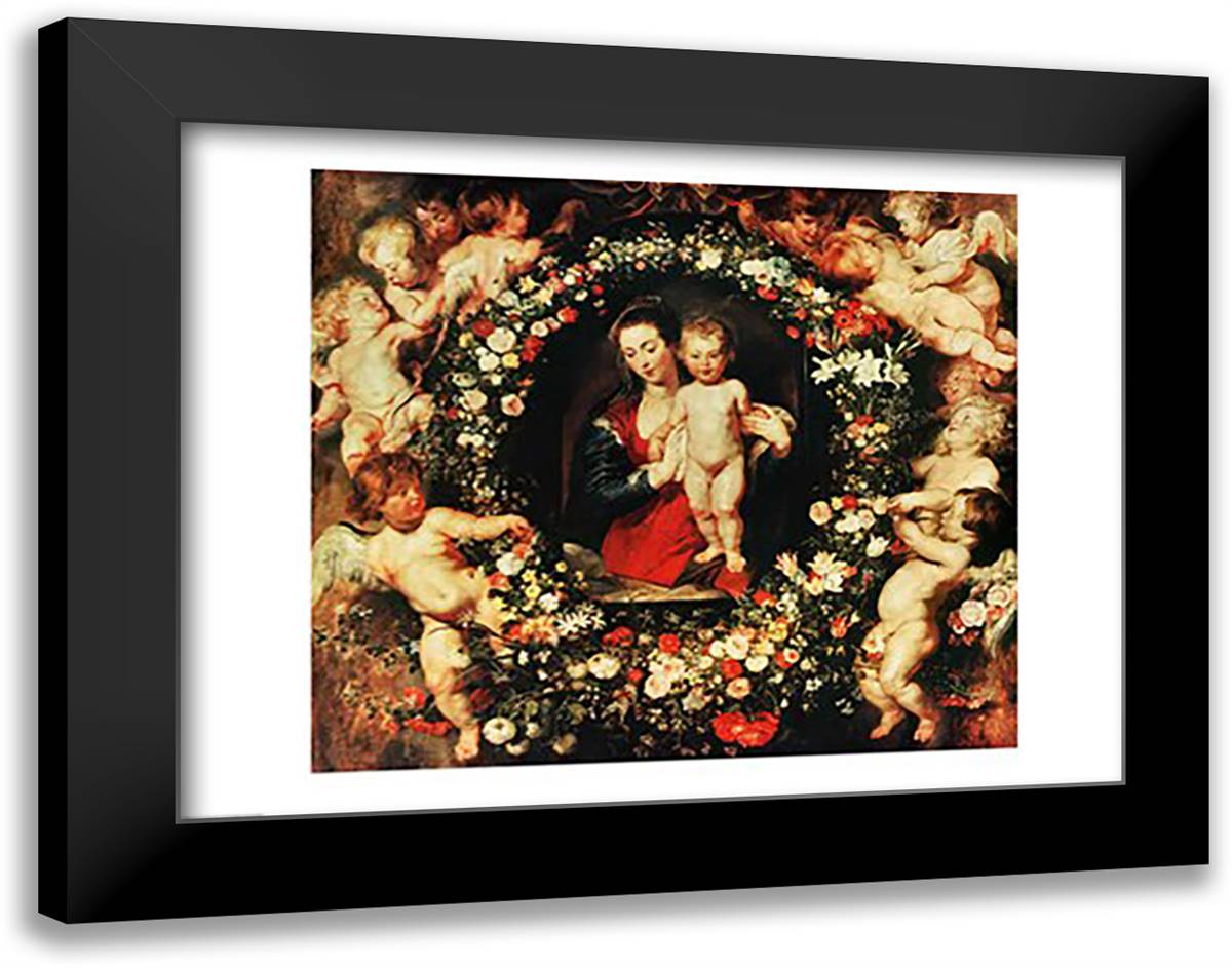Virgin with a Garland of Flowers, c.1618-20 28x22 Black Modern Wood Framed Art Print Poster by Rubens, Peter Paul