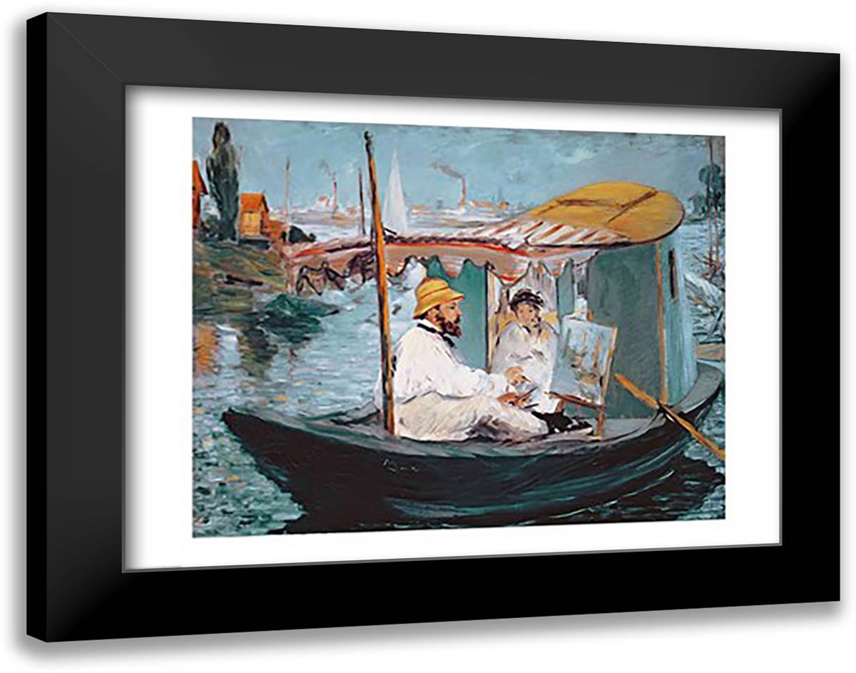 Monet in his Floating Studio, 1874 28x22 Black Modern Wood Framed Art Print Poster by Manet, Edouard
