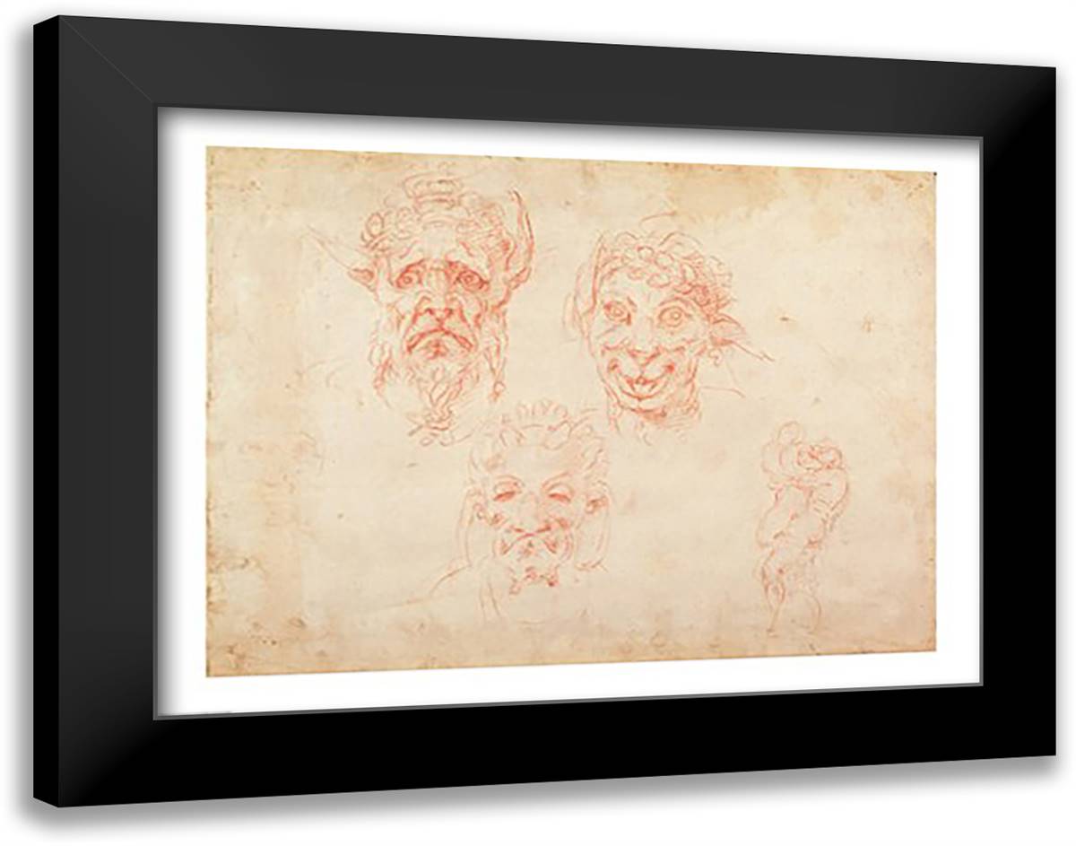 W.33 Sketches of satyrs' faces 28x22 Black Modern Wood Framed Art Print Poster by Michelangelo