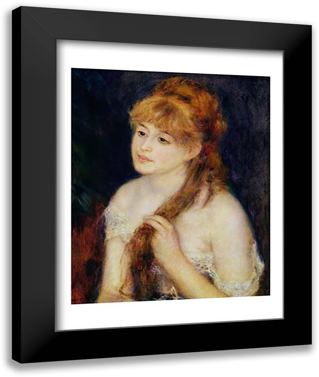 Young Woman Braiding her Hair, 1876 22x28 Black Modern Wood Framed Art Print Poster by Renoir, Pierre-Auguste