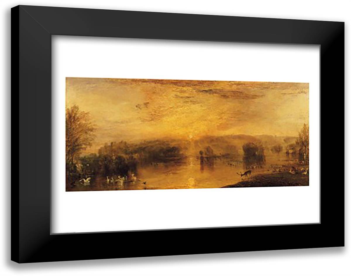 The Lake, Petworth: Sunset, a Stag Drinking 28x22 Black Modern Wood Framed Art Print Poster by Turner, J.M.W.