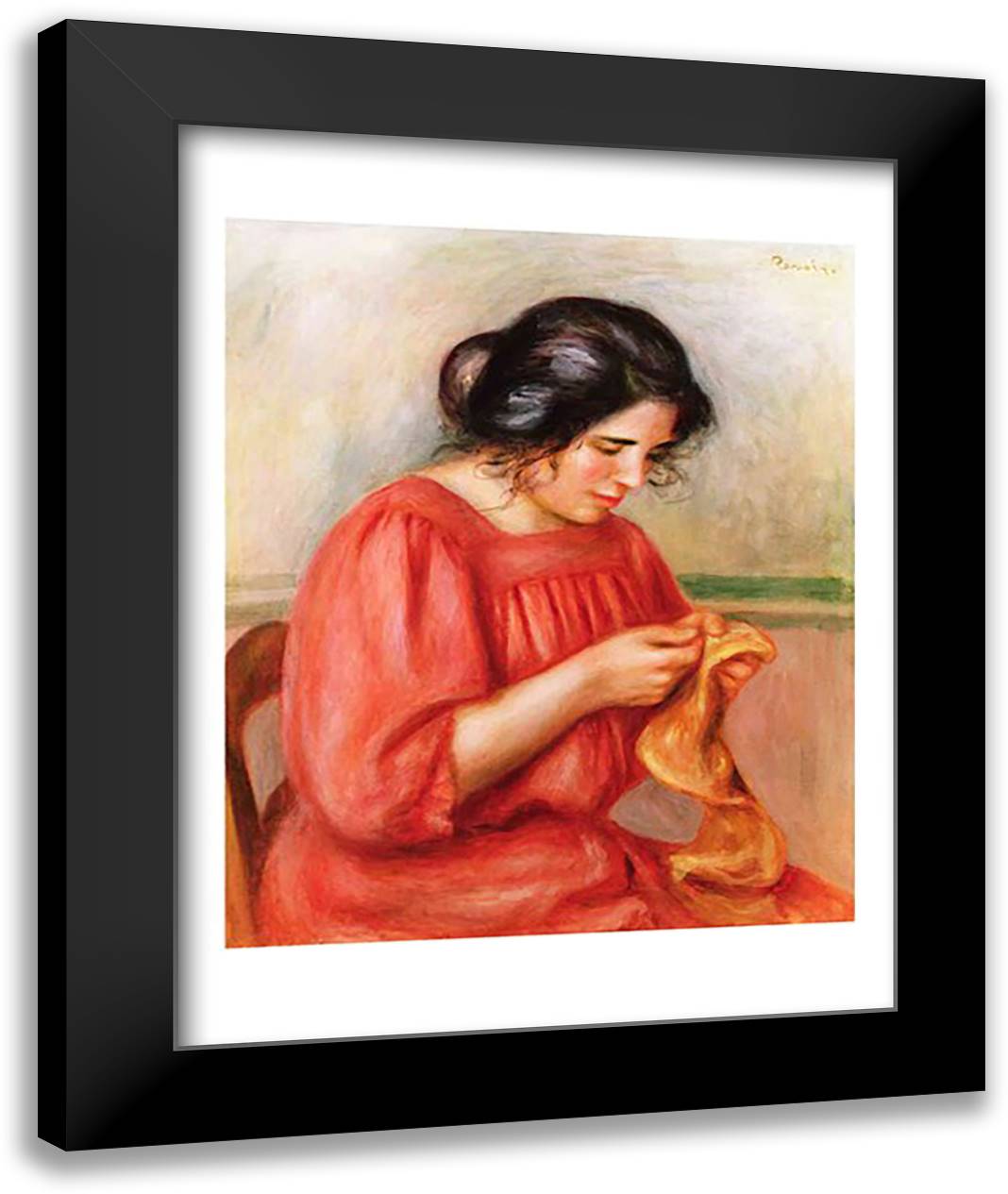 Gabrielle darning, 1908 22x28 Black Modern Wood Framed Art Print Poster by Renoir, Pierre-Auguste
