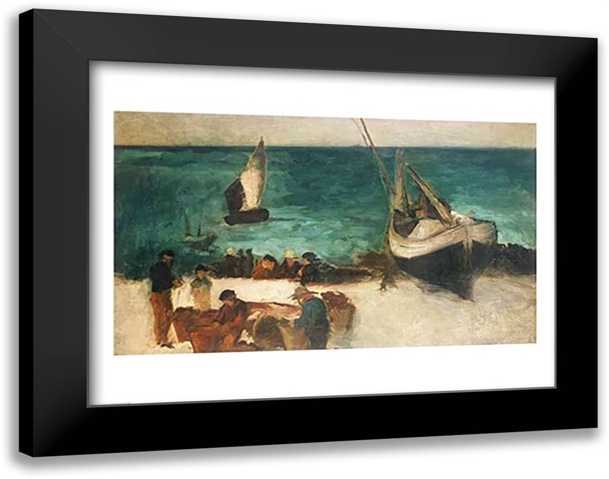 Seascape at Berck, Fishing Boats and Fishermen, 1872-73 28x22 Black Modern Wood Framed Art Print Poster by Manet, Edouard