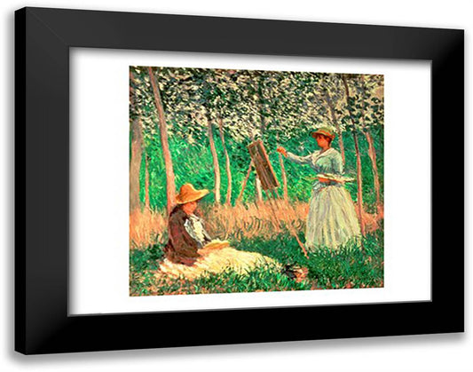 In the Woods at Giverny: Blanche Hoschede at her easel with Suzanne Hoschede reading, 1887 28x22 Black Modern Wood Framed Art Print Poster by Monet, Claude