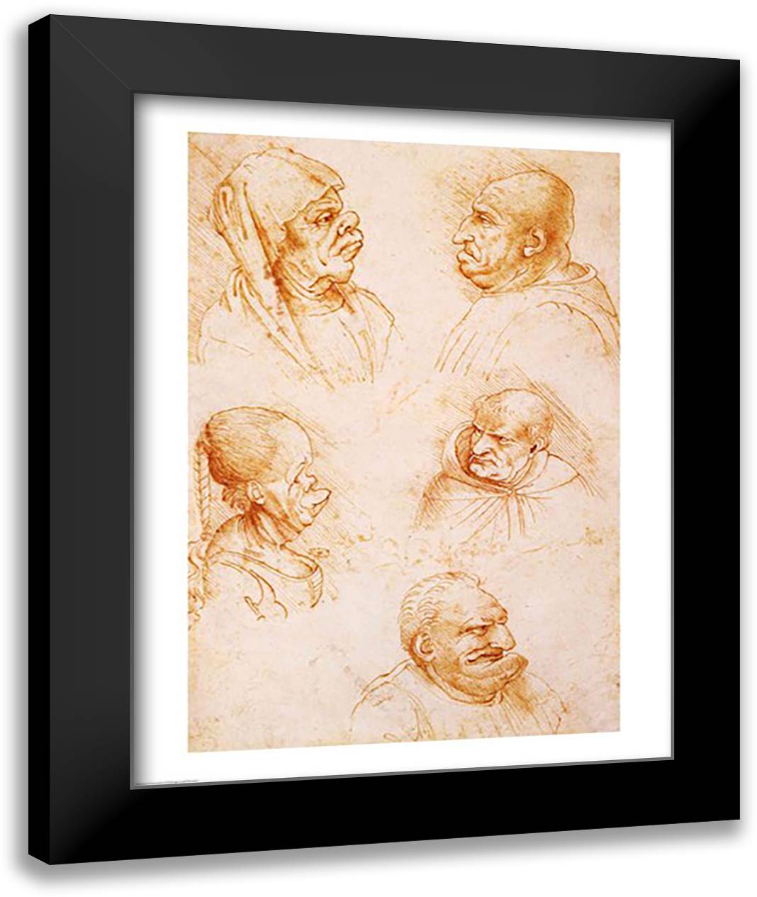 Five Studies of Grotesque Faces 22x28 Black Modern Wood Framed Art Print Poster by da Vinci, Leonardo
