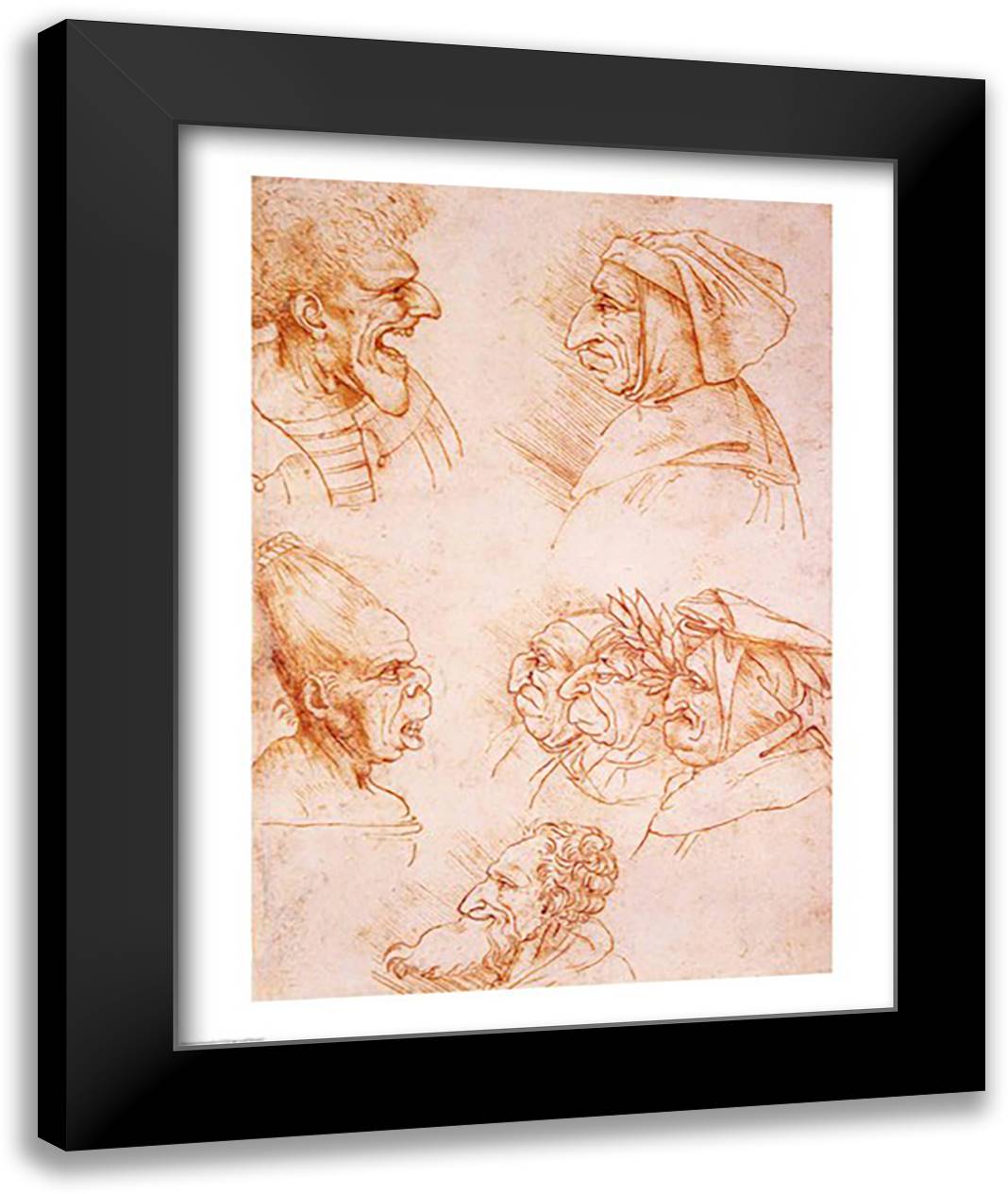 Seven Studies of Grotesque Faces 22x28 Black Modern Wood Framed Art Print Poster by da Vinci, Leonardo
