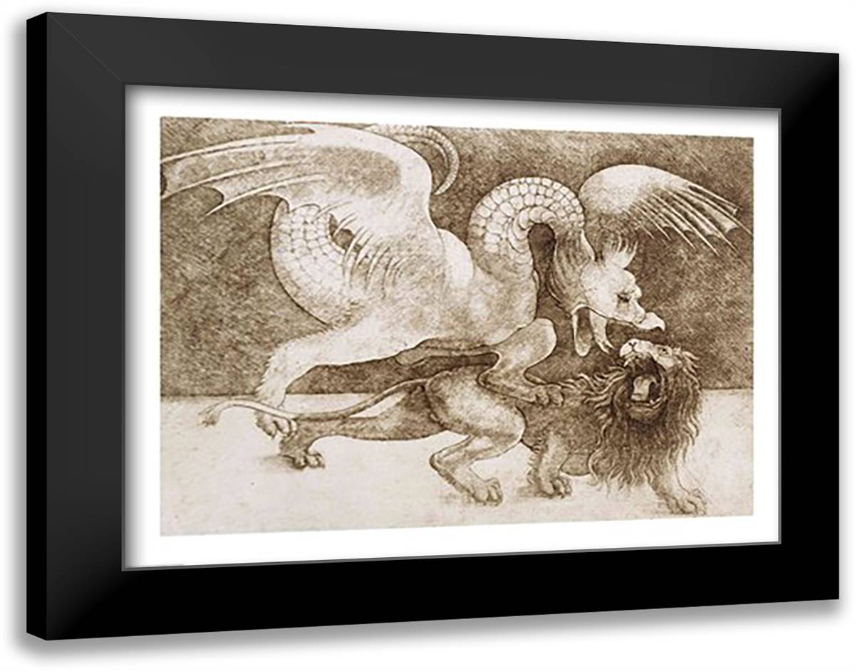 Fight between a Dragon and a Lion 28x22 Black Modern Wood Framed Art Print Poster by da Vinci, Leonardo