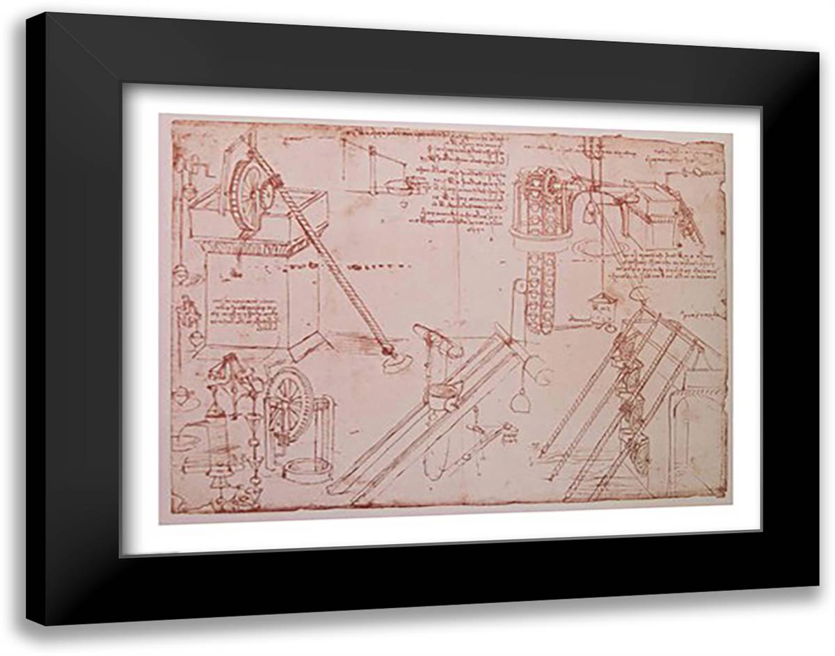 Studies of Hydraulic Devices 28x22 Black Modern Wood Framed Art Print Poster by da Vinci, Leonardo