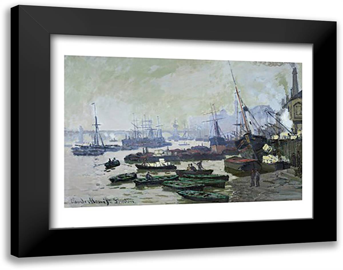 Boats in the Pool of London, 1871 28x22 Black Modern Wood Framed Art Print Poster by Monet, Claude