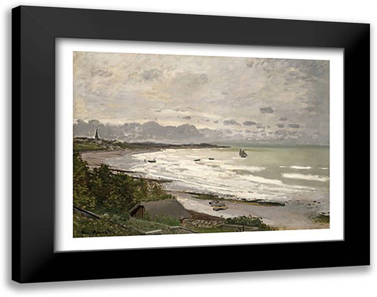 The Beach at Sainte Adresse, 1867 28x22 Black Modern Wood Framed Art Print Poster by Monet, Claude