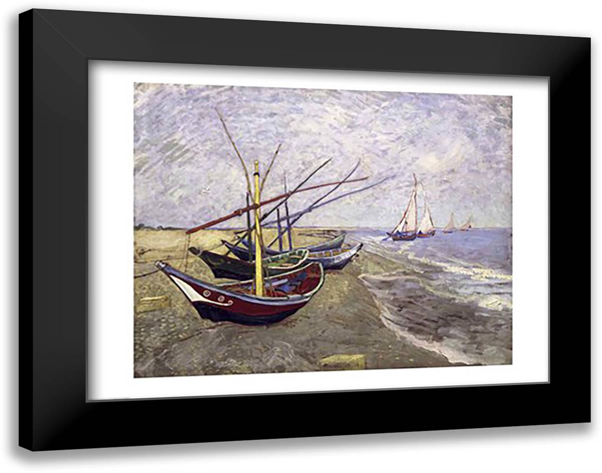 Fishing Boats on the Beach at Saintes-Maries-de-la-Mer 28x22 Black Modern Wood Framed Art Print Poster by Van Gogh, Vincent