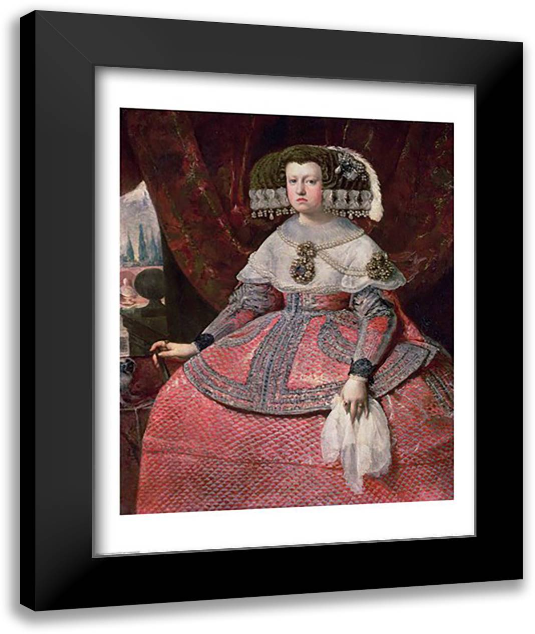 Queen Maria Anna of Spain in a red dress 22x28 Black Modern Wood Framed Art Print Poster by Velazquez, Diego