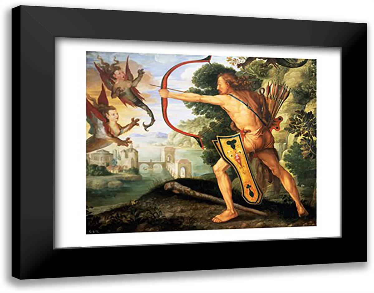 Hercules and the Stymphalian birds, 1600 28x22 Black Modern Wood Framed Art Print Poster by Durer, Albrecht