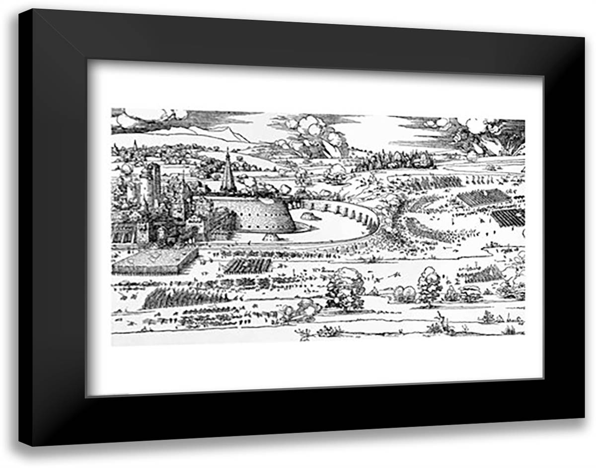 Demonstration of defensive measures to protect a city against a besieging army 28x22 Black Modern Wood Framed Art Print Poster by Durer, Albrecht