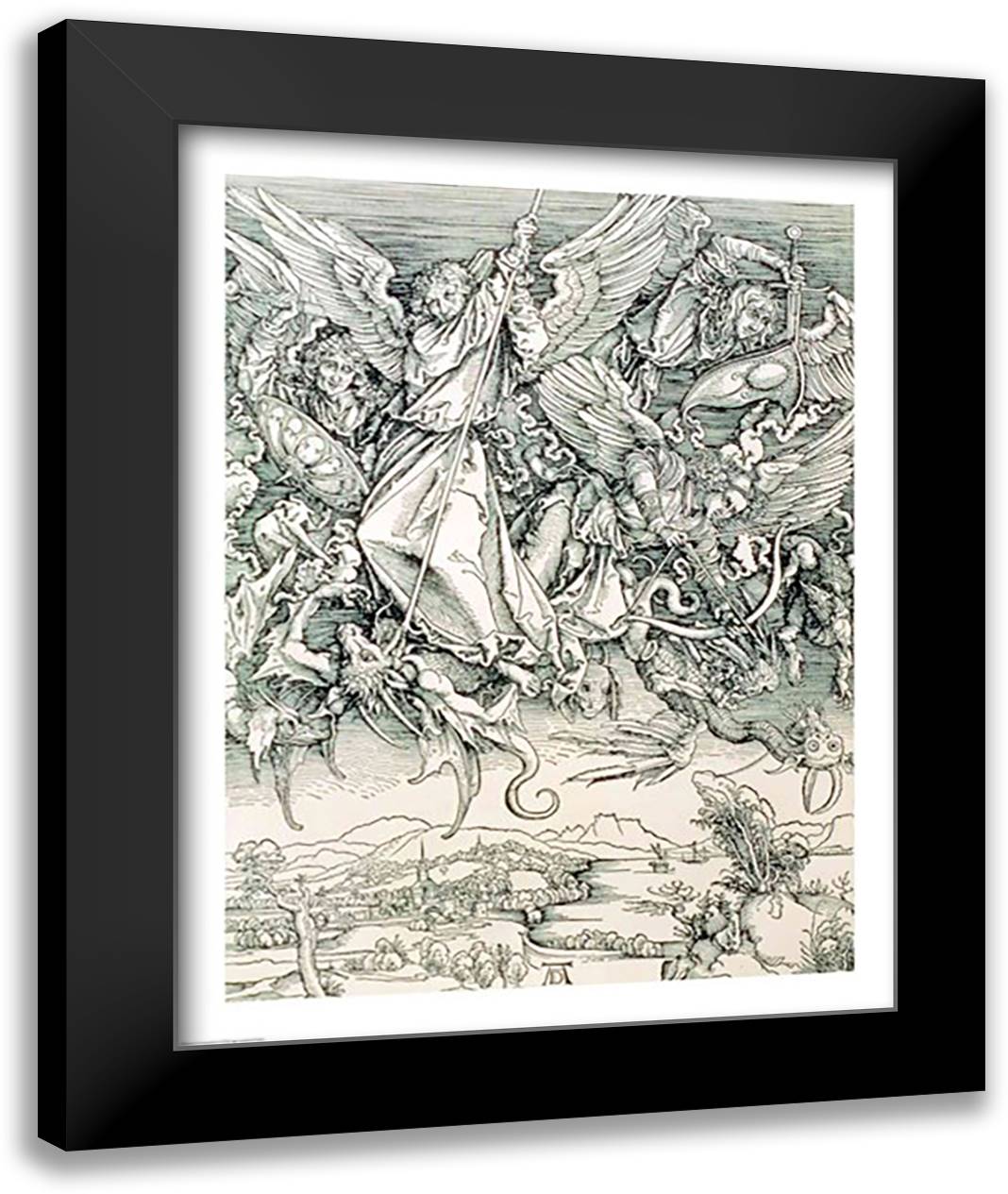 St. Michael Battling with the Dragon from the 'Apocalypse' 22x28 Black Modern Wood Framed Art Print Poster by Durer, Albrecht