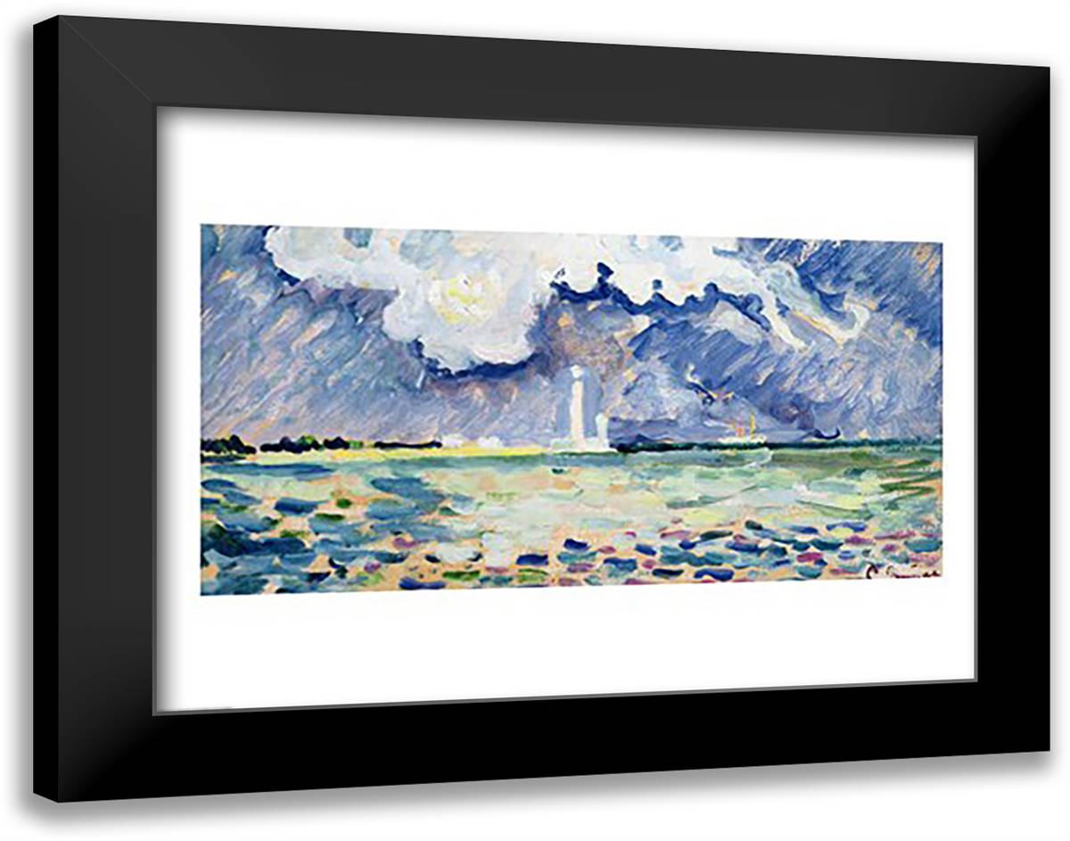 The Lighthouse at Gatteville 28x22 Black Modern Wood Framed Art Print Poster by Signac, Paul
