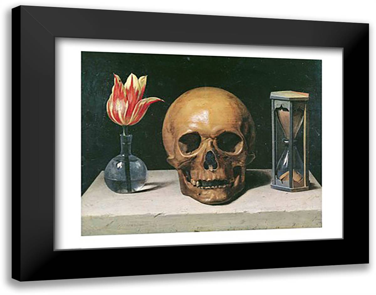 Vanitas Still Life with a Tulip, Skull and Hour-Glass 28x22 Black Modern Wood Framed Art Print Poster by Champaigne, Philippe De