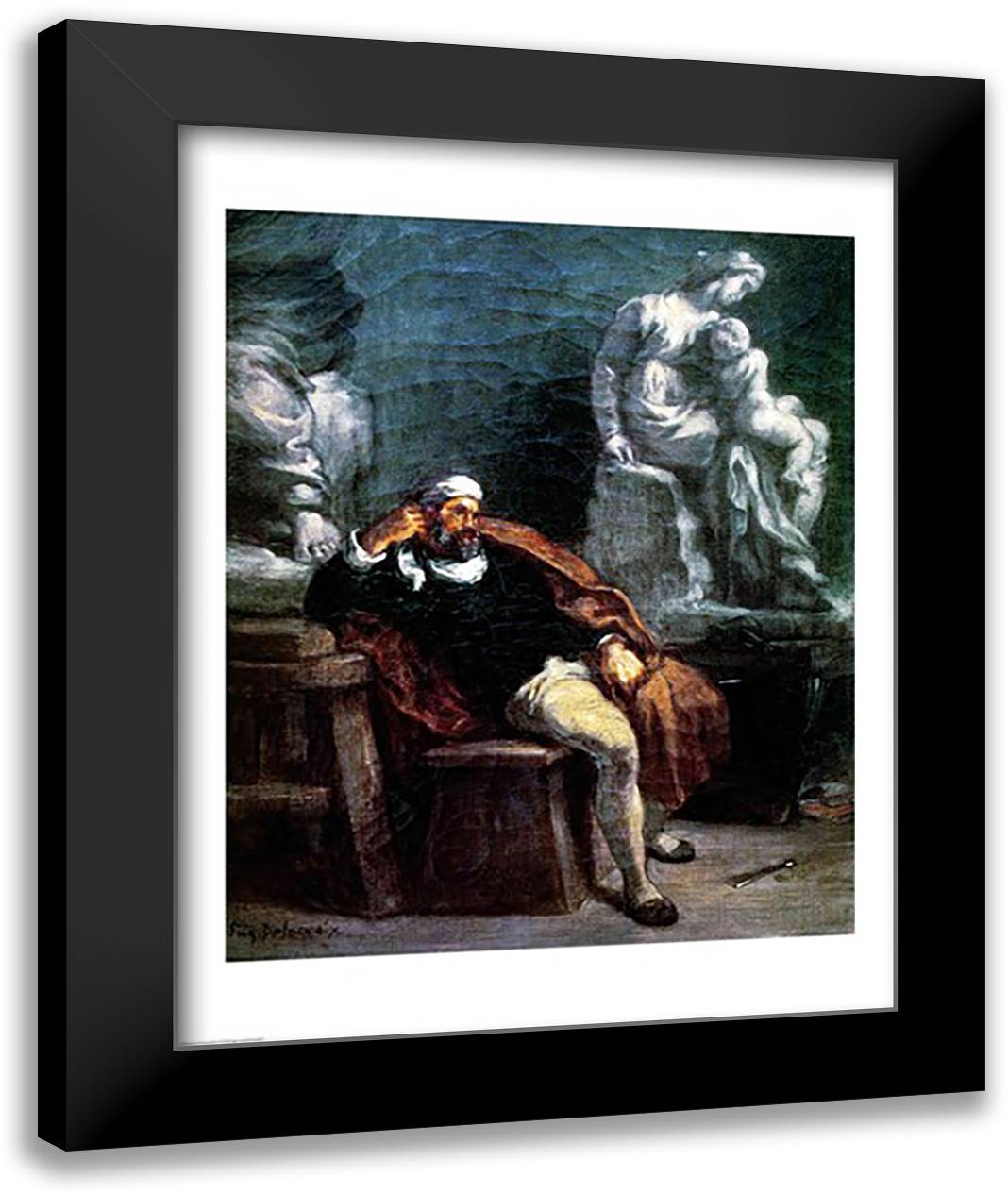 Michelangelo in his Studio 22x28 Black Modern Wood Framed Art Print Poster by Delacroix, Eugene