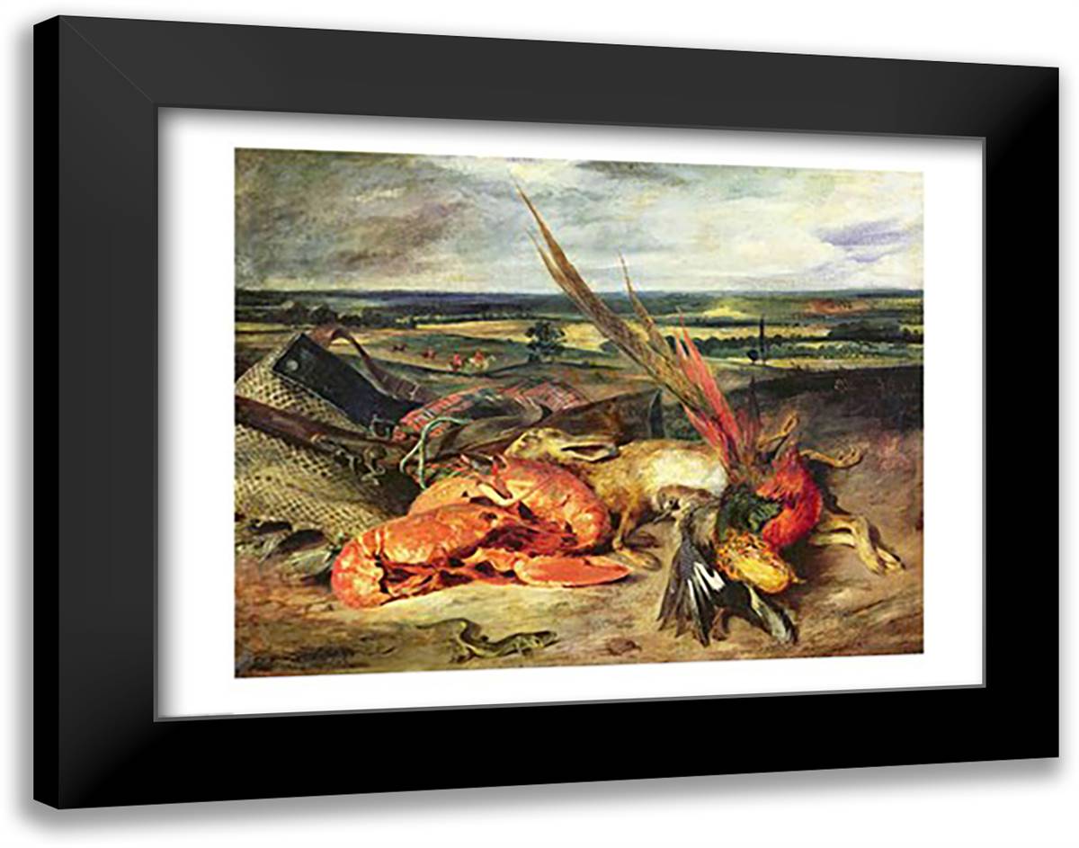 Still Life with Lobsters 28x22 Black Modern Wood Framed Art Print Poster by Delacroix, Eugene