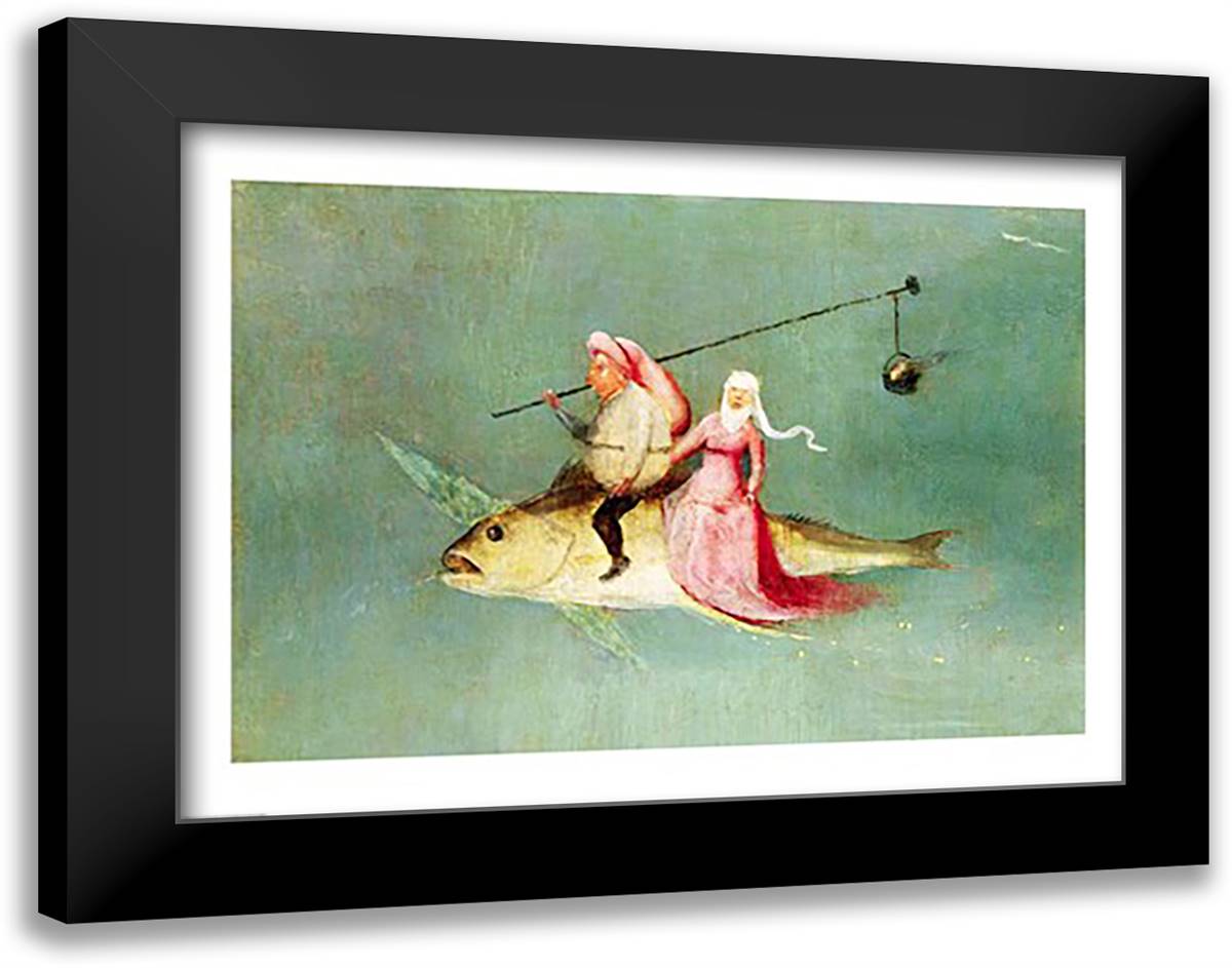 The Temptation of St. Anthony, right hand panel, detail of a couple riding a fish 28x22 Black Modern Wood Framed Art Print Poster by Bosch, Hieronymus