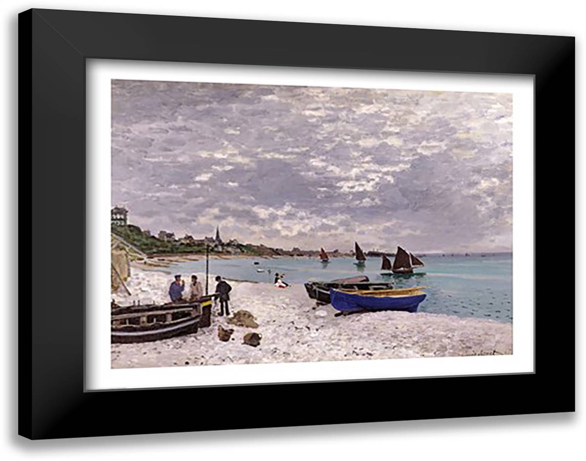 The Beach at Sainte-Adresse, 1867 28x22 Black Modern Wood Framed Art Print Poster by Monet, Claude