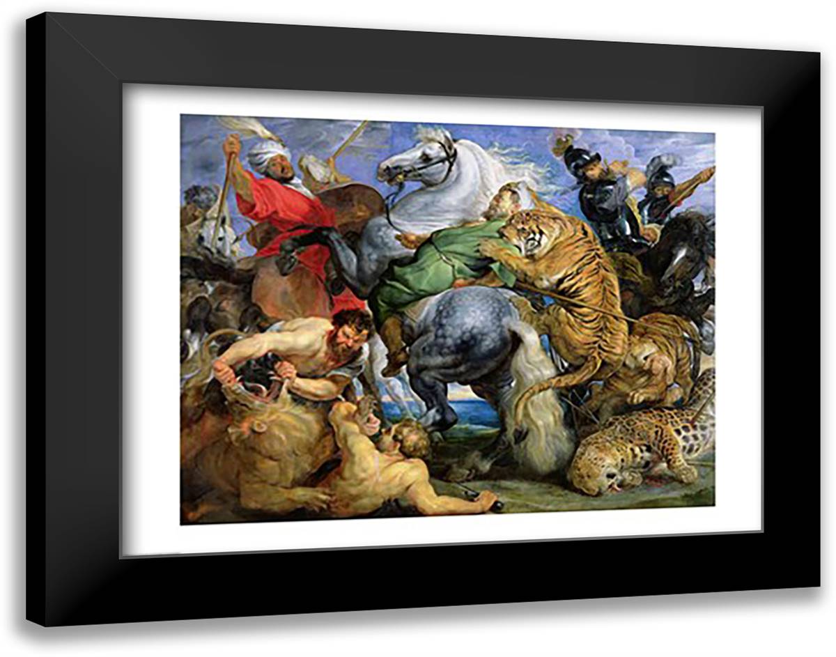 The Tiger Hunt 28x22 Black Modern Wood Framed Art Print Poster by Rubens, Peter Paul