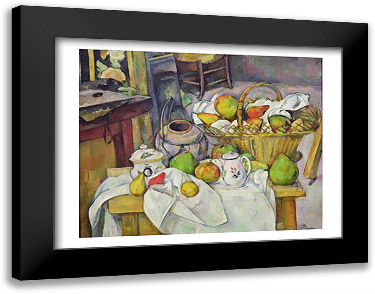 Still life with basket 28x22 Black Modern Wood Framed Art Print Poster by Cezanne, Paul