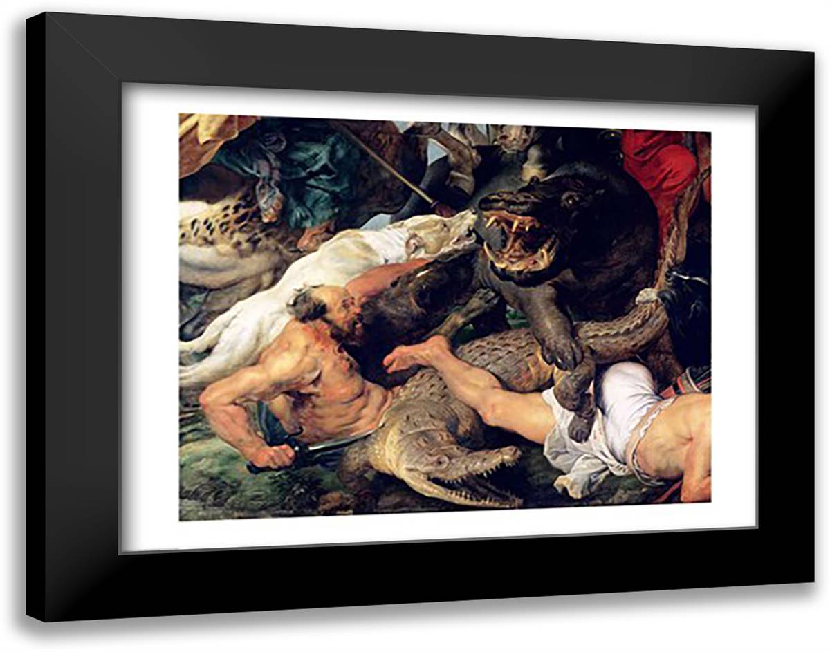Hippopotamus and Crocodile Hunt 28x22 Black Modern Wood Framed Art Print Poster by Rubens, Peter Paul