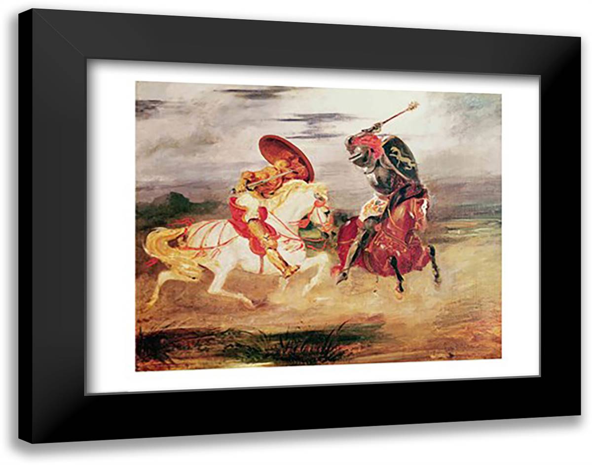 Two Knights Fighting in a Landscape 28x22 Black Modern Wood Framed Art Print Poster by Delacroix, Eugene