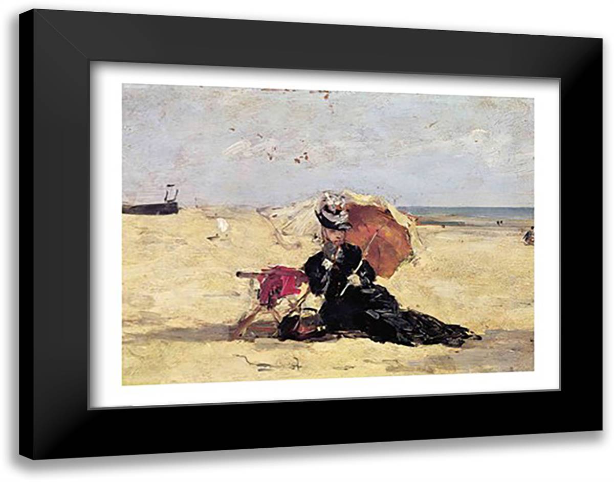 Woman with a Parasol on the Beach, 1880 28x22 Black Modern Wood Framed Art Print Poster by Boudin, Eugene Louis