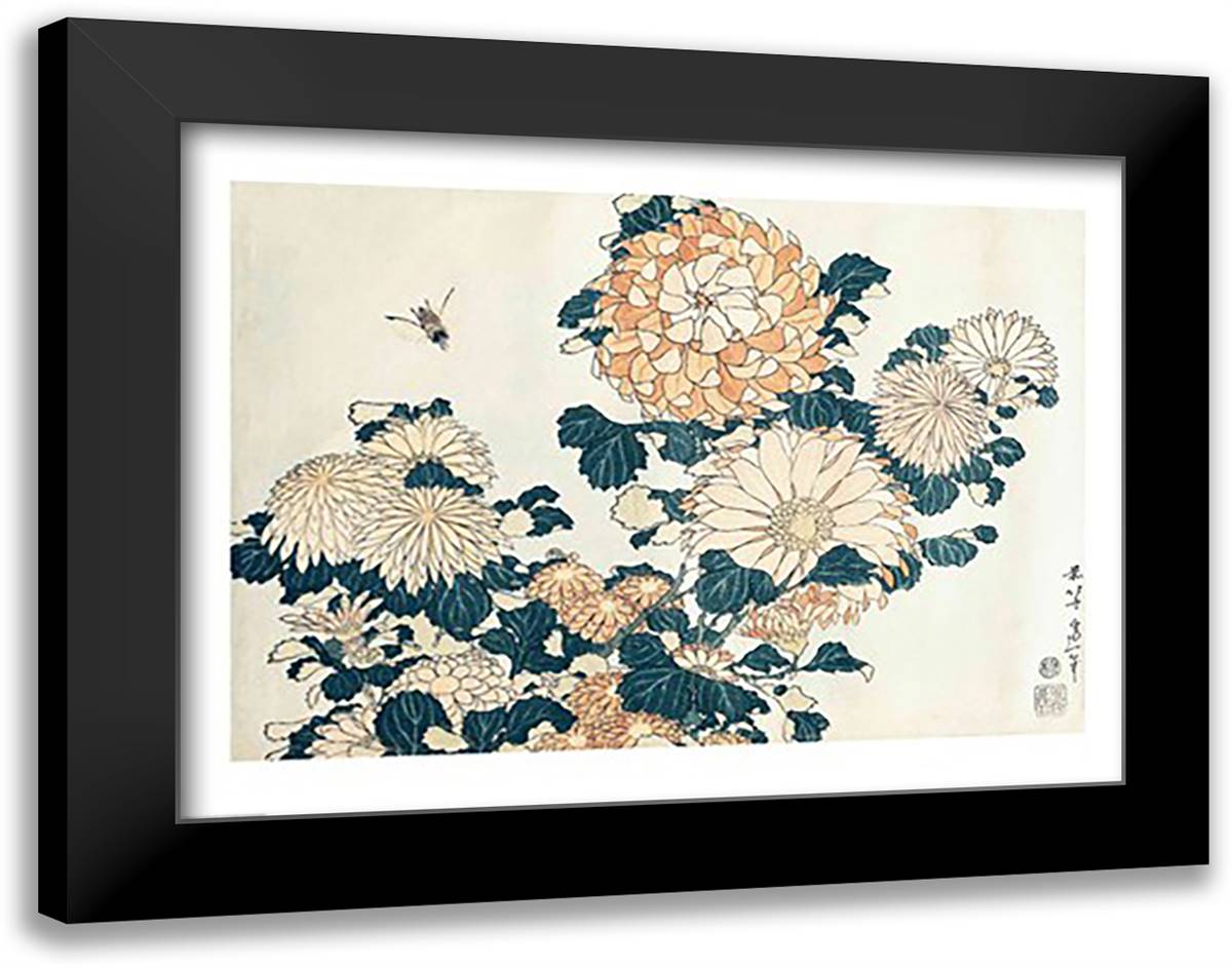 Chrysanthemums 28x22 Black Modern Wood Framed Art Print Poster by Hokusai, Katsushika