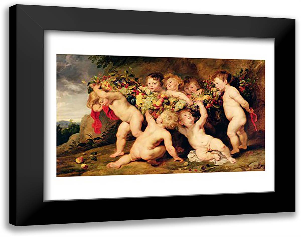 Garland of Fruit 28x22 Black Modern Wood Framed Art Print Poster by Rubens, Peter Paul