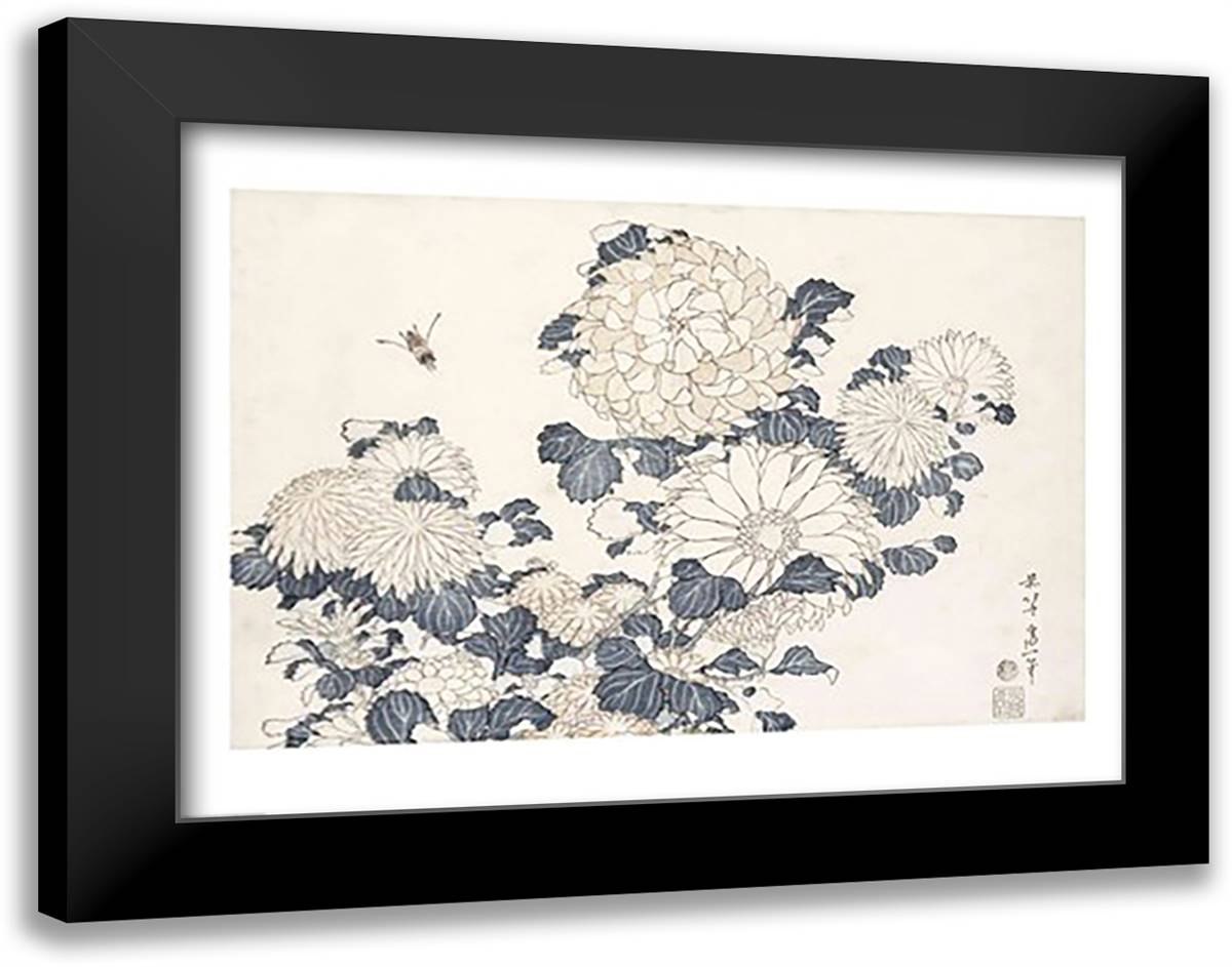 Bee and Chrysanthemums 28x22 Black Modern Wood Framed Art Print Poster by Hokusai, Katsushika