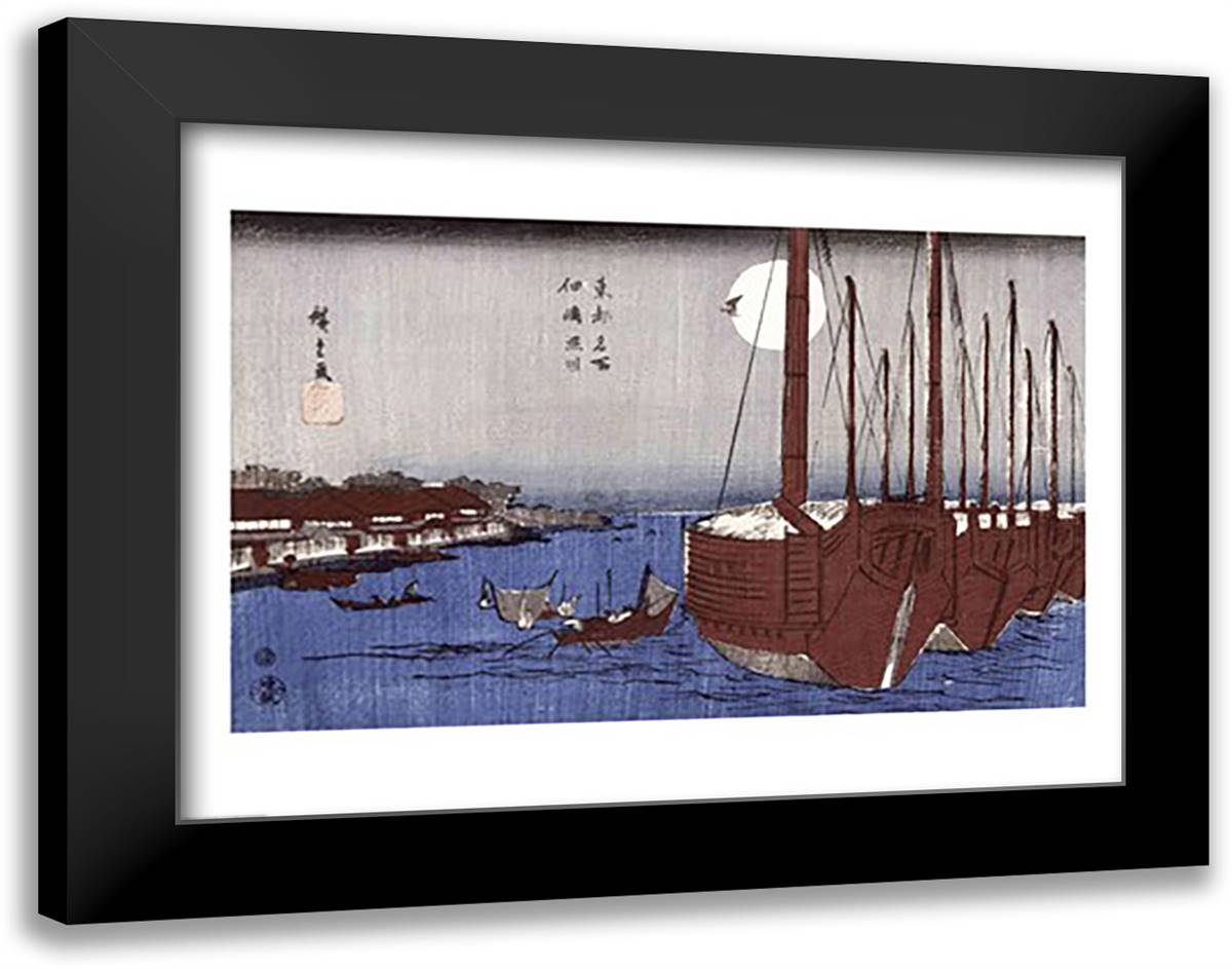 Tsukudajima island and the Fukagawa district under the full moon 28x22 Black Modern Wood Framed Art Print Poster by Hiroshige, Utagawa