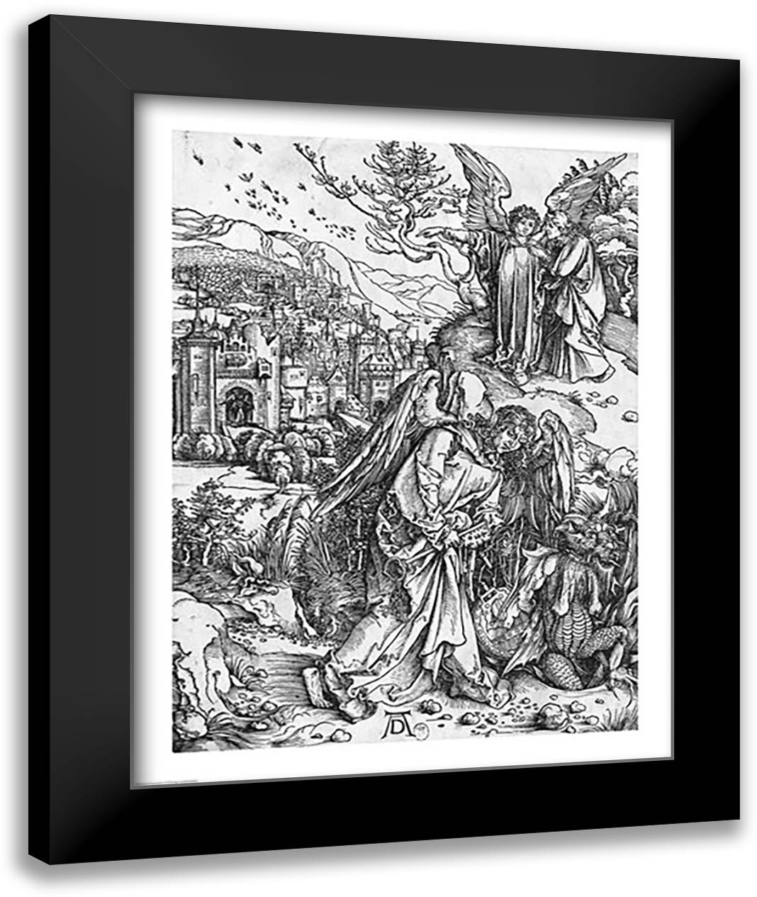 Scene from the Apocalypse, The angel holding the keys of the abyss and a big chain 22x28 Black Modern Wood Framed Art Print Poster by Durer, Albrecht