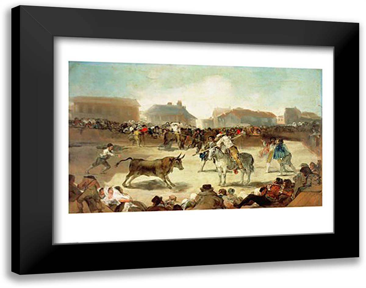 A Village Bullfight 28x22 Black Modern Wood Framed Art Print Poster by Goya, Francisco De