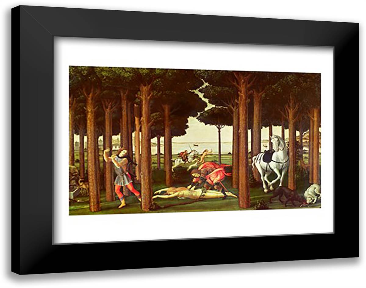 The Story of Nastagio degli Onesti: The Disembowelment of the Woman Pursued, 1483-87 28x22 Black Modern Wood Framed Art Print Poster by Botticelli, Sandro
