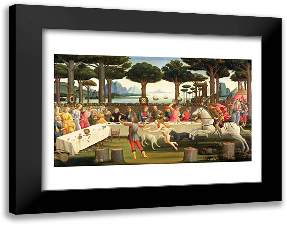 The Story of Nastagio degli Onesti: Nastagio Arranges a Feast at which the Ghosts Reappear, 1483-87 28x22 Black Modern Wood Framed Art Print Poster by Botticelli, Sandro